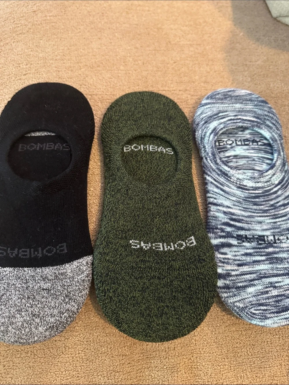 Bombas Unisex No-Show Sock Trio — Black, Olive, Blue Marled